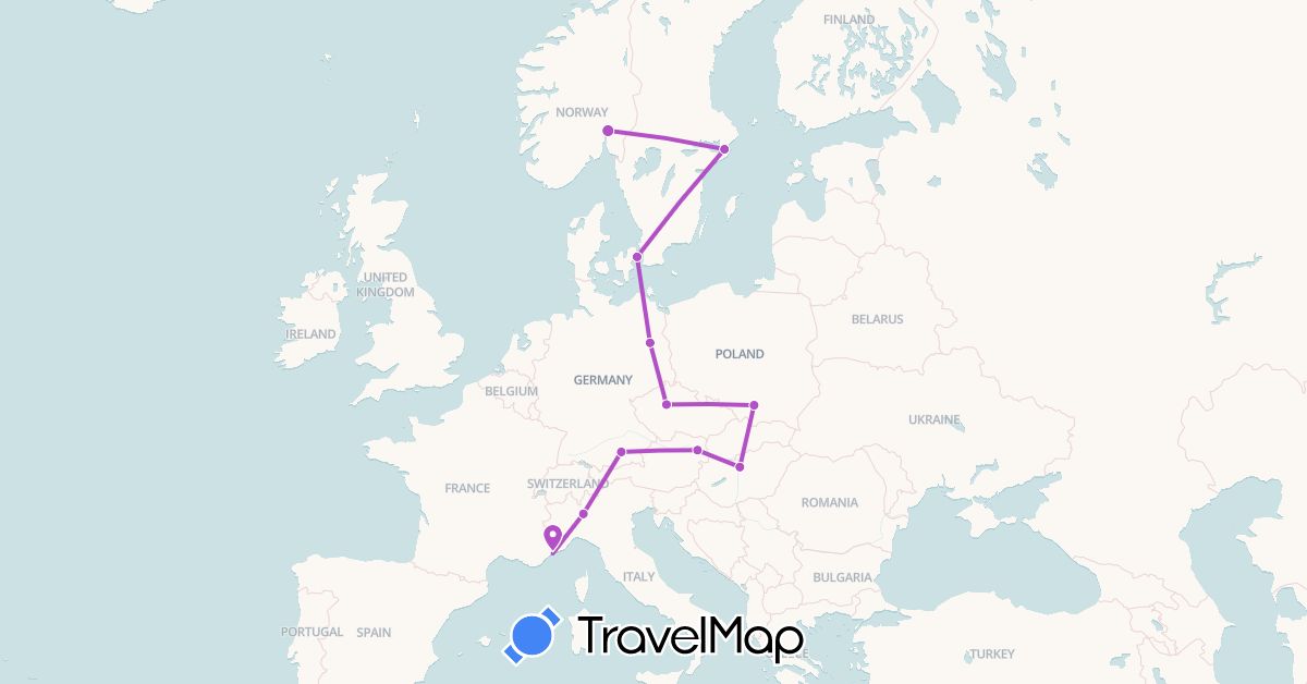 TravelMap itinerary: driving, train in Austria, Czech Republic, Germany, Denmark, France, Hungary, Italy, Norway, Poland, Sweden (Europe)